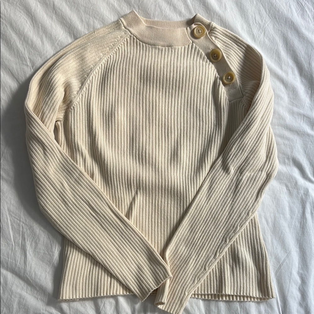 Lauren Ralph Lauren Cream Ribbed Sweater with Button Detail